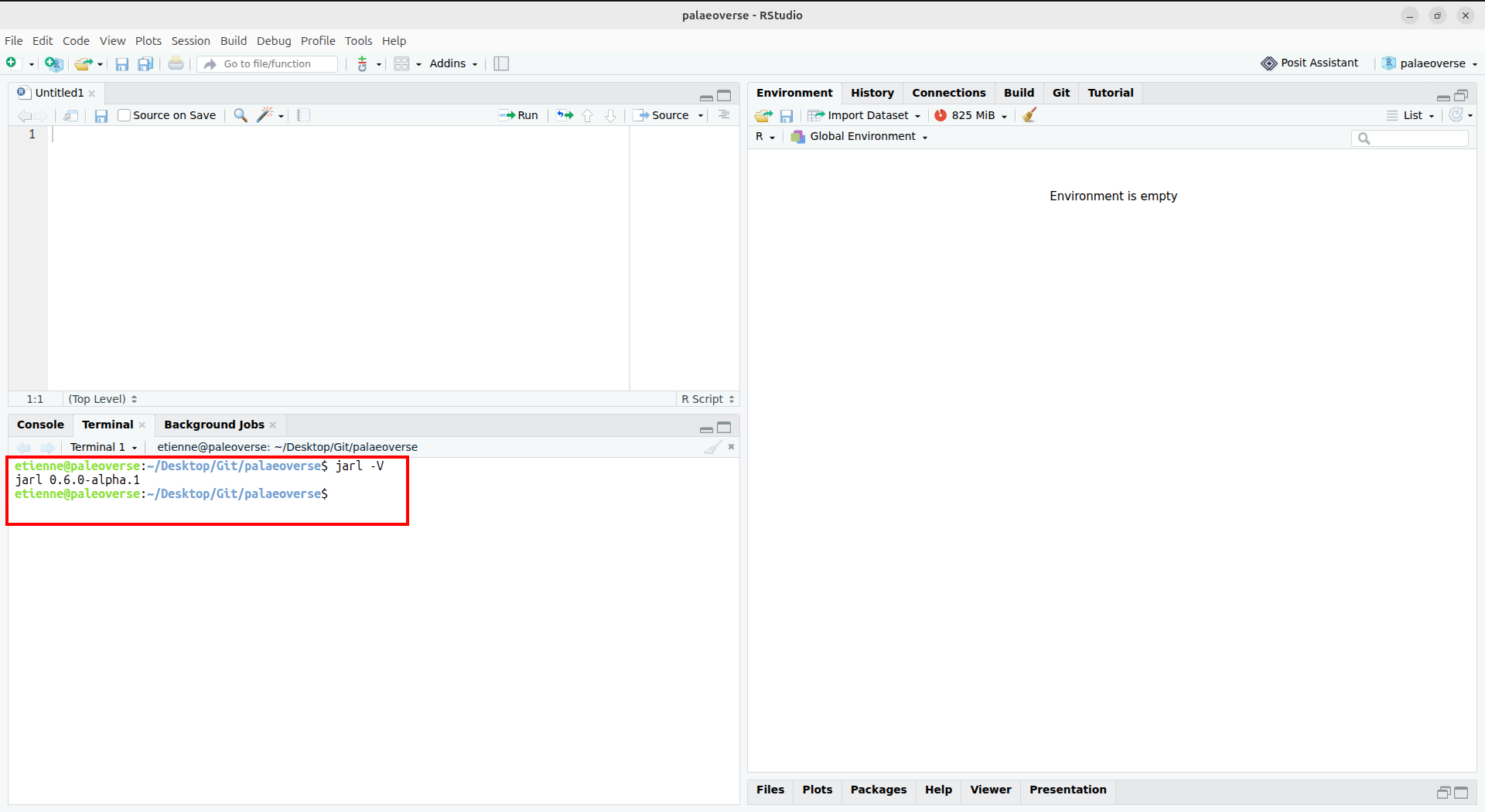 A screenshot of RStudio. In the terminal, the command `jarl -V` prints the version number of Jarl.