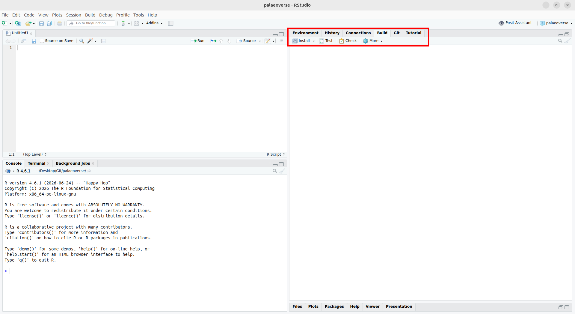 A screenshot of RStudio. In the top-right section, in the 'Build' pane, the buttons 'Install', 'Check', and 'Test' are circled in red.
