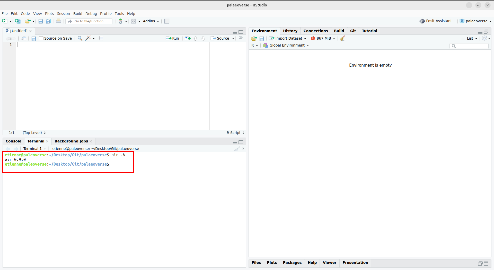 A screenshot of RStudio. In the terminal, the command `air -V` prints the version number of Air.
