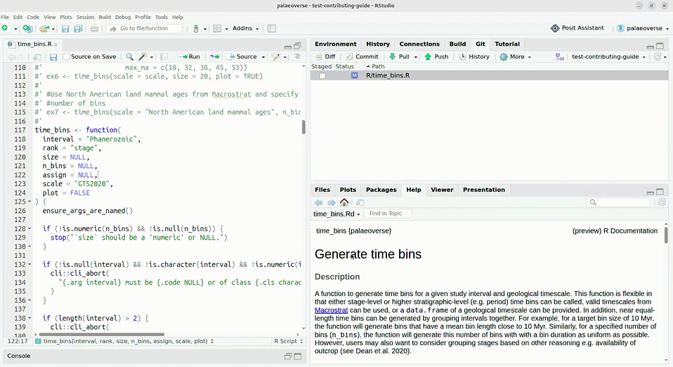 A gif that shows the process to make a pull request. Starting from RStudio, in the 'Git' pane, the user toggles the tickbox for modified files, and clicks on the 'Commit' button, which opens a modal. In this modal, the user writes 'my message', then clicks on 'Commit', which opens a second modal. After closing this second modal, the user clicks on push. The user then goes to Github, where a yellow tooltip suggests opening a pull request.