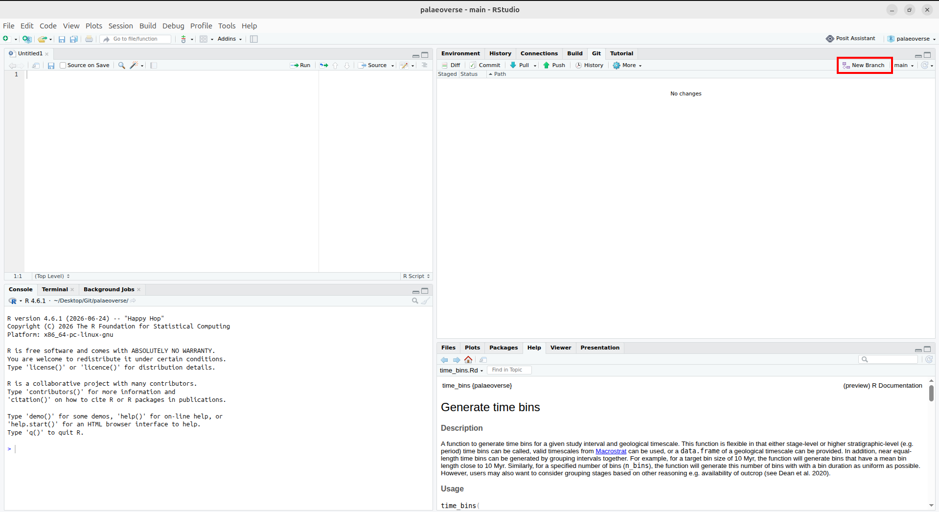 A screenshot of RStudio. In the top-right section, in the 'Git' pane, the button 'New branch' is circled in red.